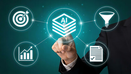 businessman in dark suit pointing finger at glowing artificial intelligence layers icon with virtual interfaces for target goal sales funnel data analytics and document check