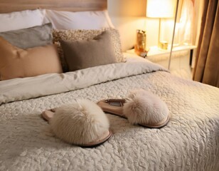 Cozy fluffy slippers resting on comfortable bed