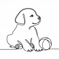 Line drawing of a playful puppy sitting by a ball  