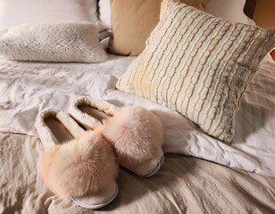 Pink fluffy slippers on bed creating cozy atmosphere
