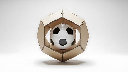 Conceptual Cardboard Hexagonal Shell Protecting a Soccer Ball | 3D Render of Premium Sport Packaging, Shipping, and Logistics Solution on White Background
