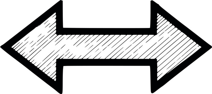 vector illustration of a sketch-style two-headed arrow. designed with black fill to simulate outlines and hatching, no white color and transparent background. ideal for directions, exchange, or proces