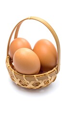 Three brown eggs nested in a small woven basket with handle, isolated on a white background