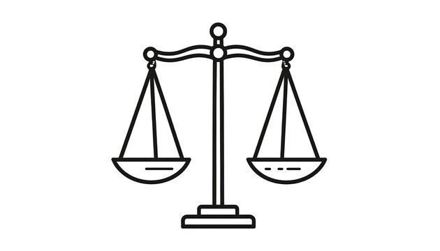Balanced scales, simple line art on white. Each scale suspends from the beam