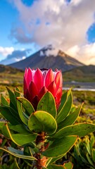 Protea flower, red petals, against a backdrop of mountain, sky, and clouds at golden hour
