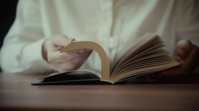 Person's hands turning pages of an open book on a wooden table