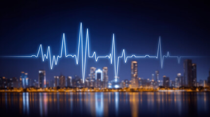 City's Vital Rhythm: A vibrant cityscape pulses with the energy of life, its skyline adorned by a dynamic representation of a heartbeat.