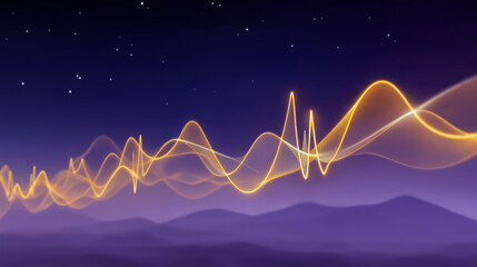 Golden Waves Over Mountains: A breathtaking abstract composition of glowing golden lines dancing gracefully above majestic mountain ranges, under a starlit twilight sky.