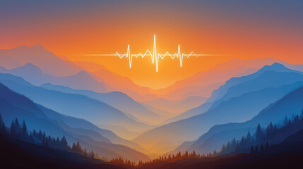 Mountain Pulse: An evocative digital artwork featuring layers of serene mountain ranges bathed in the warm hues of sunrise or sunset, with a vibrant waveform superimposed. 
