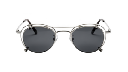 Silver metal aviator style sunglasses with dark grey lenses on black background eyewear accessory