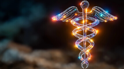 Symbol of Healing: A glowing caduceus symbol, radiating with vibrant colors, stands prominently against a soft, atmospheric backdrop, evoking feelings of wellness, medical advancements, and health.