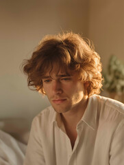 Quiet Contemplation: Portrait of a pensive individual bathed in soft, natural light, reflecting on inner thoughts and emotions in a moment of solitude.