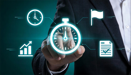 businessman in professional dark suit touching glowing stopwatch icon on virtual holographic interface with symbols for time management productivity goals and data analytics