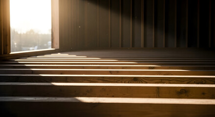 Sunlit wooden floor joists in realistic interior photography style, warm golden and brown tones, house construction and renovation concept with copy space