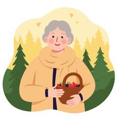 Elderly woman holding a basket of berries in a forest setting . Elderly set
