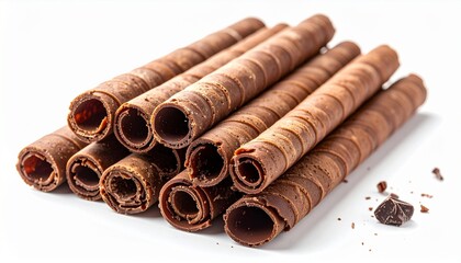 Artisan chocolate wafer rolls isolated on a clean white background with detailed texture and soft shadows, perfect for dessert, snack, and food packaging concepts.