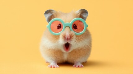 Fototapeta premium Adorable Hamster with Oversized Glasses Displaying a Surprised Expression Against a Bright Yellow Background