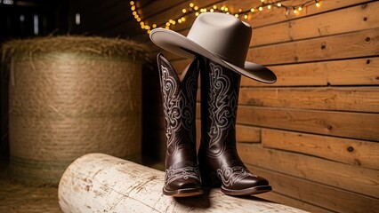 Vintage Cowboy Boots and White Hat on Rustic Wooden Stool in Warmly Lit Western Setting