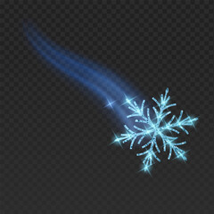 Dynamic illustration of a  glitter snowflake with a magical light trail. The shimmering winter crystal features a brilliant sparkle effect, glowing stars, and a soft motion blur trail. Isolated on a d