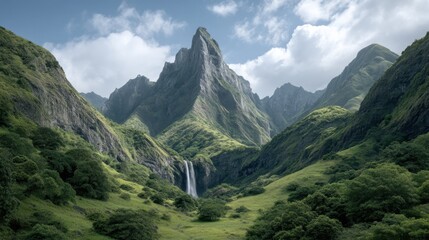 Breathtaking Scenic View of a Green Valley Surrounded by Towering Mountains and a Majestic Waterfall Under a Cloudy Sky