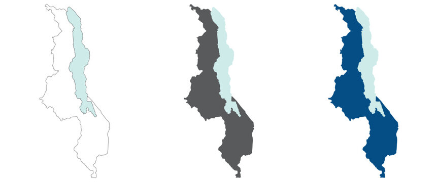 Malawi map plain set with lake. Map of Malawi in blank set.