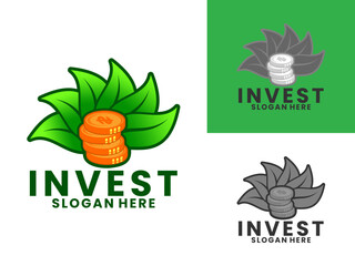 Coin with leaves illustration logo design vector template. Healthy Investment logo icon