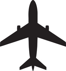 A simple black silhouette of an airplane viewed from directly above