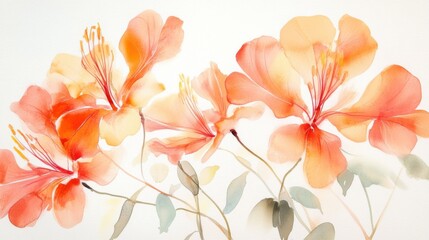 adorable watercolor gloriosa flowers, pastel orange, white background