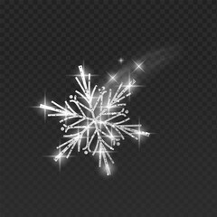 Dynamic illustration of a  glitter snowflake with a magical light trail. The shimmering winter crystal features a brilliant sparkle effect, glowing stars, and a soft motion blur trail. Isolated on a d