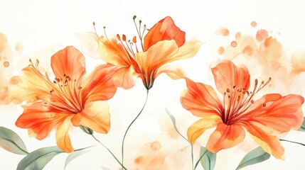 adorable watercolor gloriosa flowers, pastel orange, white background