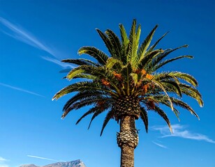 Isolated palm tree with fruit against clear blue sky and blurred distant mountain