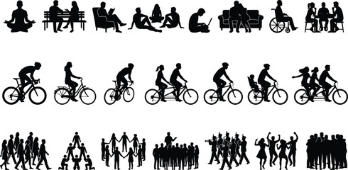 Black human silhouette collection showing people sitting, cycling, socializing, family activities, crowd scenes, meditation, leisure, teamwork, and lifestyle moments for infographic and design use