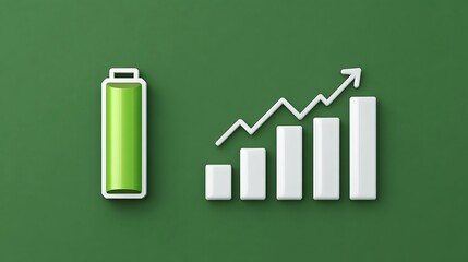 A 3D green battery icon next to an upward-trending bar graph on a dark green backdrop