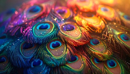 Colorful peacock feathers with iridescent sheen, eye-spots visible, close up detailed macro shot