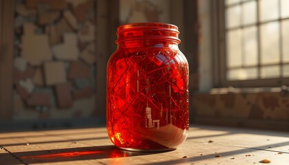 Red glass jar in dramatic light best for conceptual art, creative branding, and modern advertising visuals