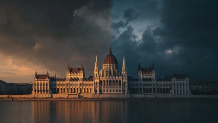 Parliament Building Under Dramatic Split Lighting Symbolizing Political Division and Power Struggle