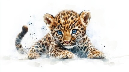 adorable watercolor leopard cub playing, pastel color, white background