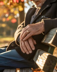 Senior man sitting alone on park bench in warm autumn sunlight thoughtful elderly hands closeup peaceful retirement moment