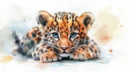 adorable watercolor leopard cub playing, pastel color, white background