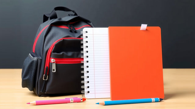 Schwarzer Rucksack mit Schulmaterialien auf einem Holztisch vor dunklem Hintergrund