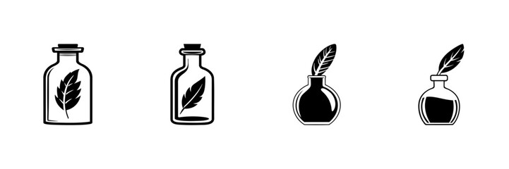 Bottles With Leaves And Quills In Hand Drawn Style Set. Natural Remedies, Herbal Medicine, And Writing Inspiration Doodle Sketch Collection. Isolated Vector Illustration