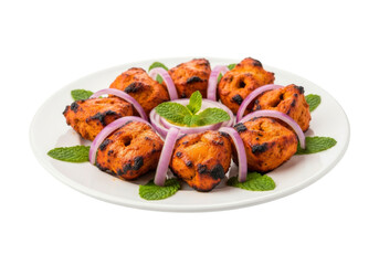 grilled chicken kebabs with onions and mint on plate