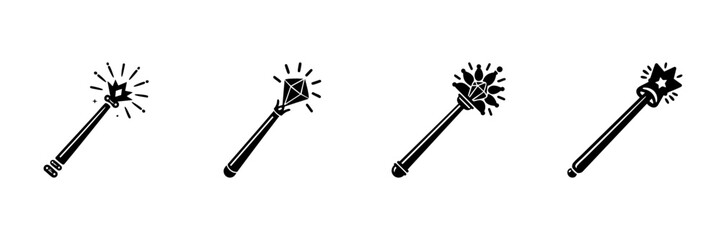 Fototapeta premium Magic Wands Collection In Hand Drawn Style Set. Fantasy, Enchantment, And Wizardry Doodle Sketch Collection. Magical Tools And Symbols. Isolated Vector Illustration