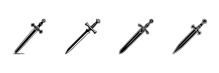 Swords In Hand Drawn Style Set. Medieval Weaponry, Historical Combat, Fantasy Adventure Doodle Sketch Collection. Isolated Vector Illustration
