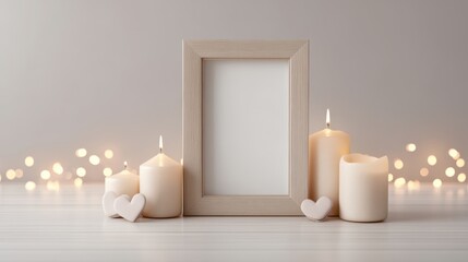 White frame with a candle in it and a heart on the table. Valentines day.