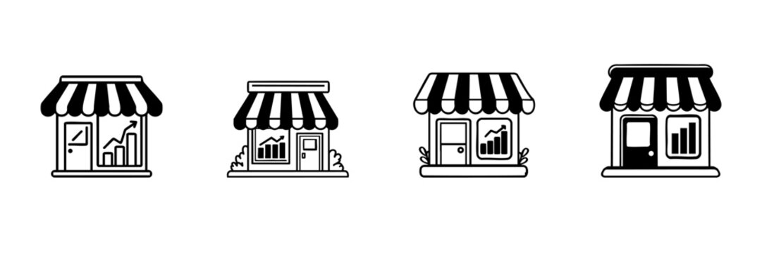 Small Business Growth Icons In Hand Drawn Style Set. Retail Storefronts With Rising Graphs Doodle Sketch Collection. Economic Development, Sales Increase. Isolated Vector Illustration
