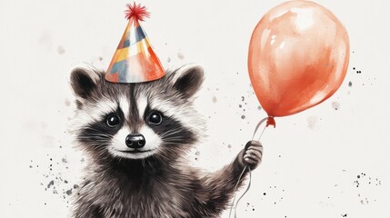 adorable watercolor raccoon with party hat, holding balloon, white background