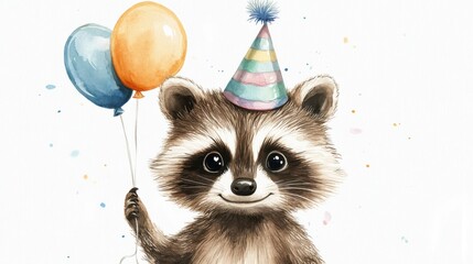 adorable watercolor raccoon with party hat, holding balloon, white background
