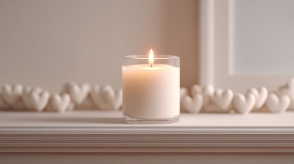 Candle is lit in a glass jar on a white shelf. Valentines day.