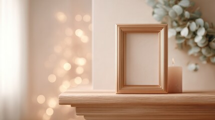 Gold framed picture sits on a wooden shelf next to a candle